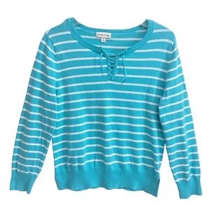 Studio Works Knit Sweater Top Size Petite Large Green White Striped